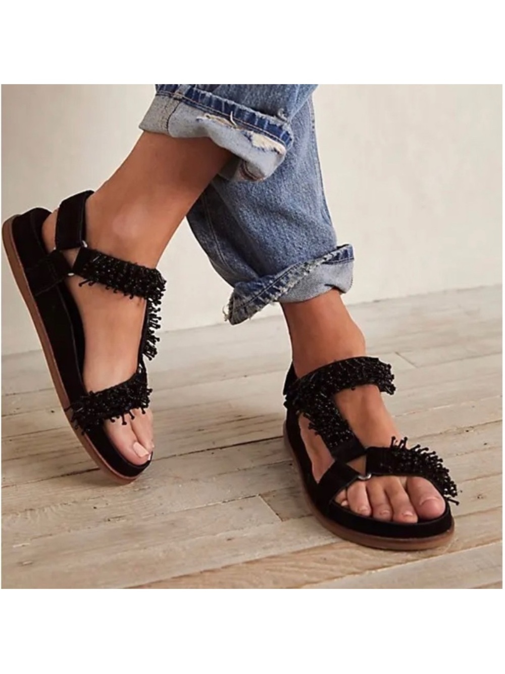 Kelsi Dagger Black Beaded Ankle-Strap Sandals